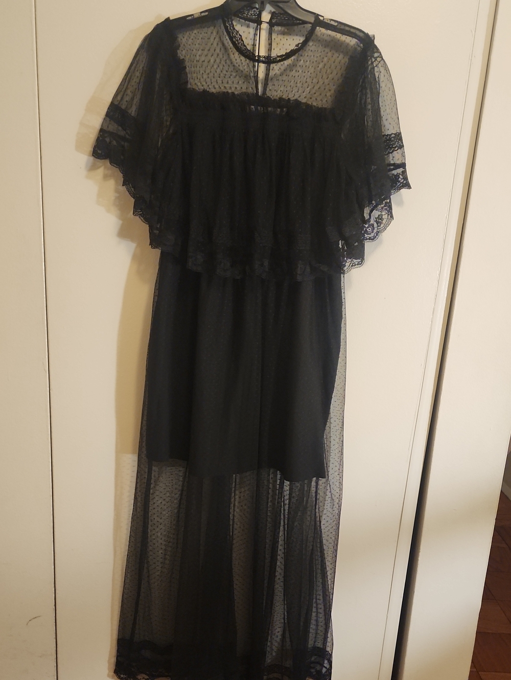 Women's Black Lace Overlay Maxi Dress with Sheer Capelet